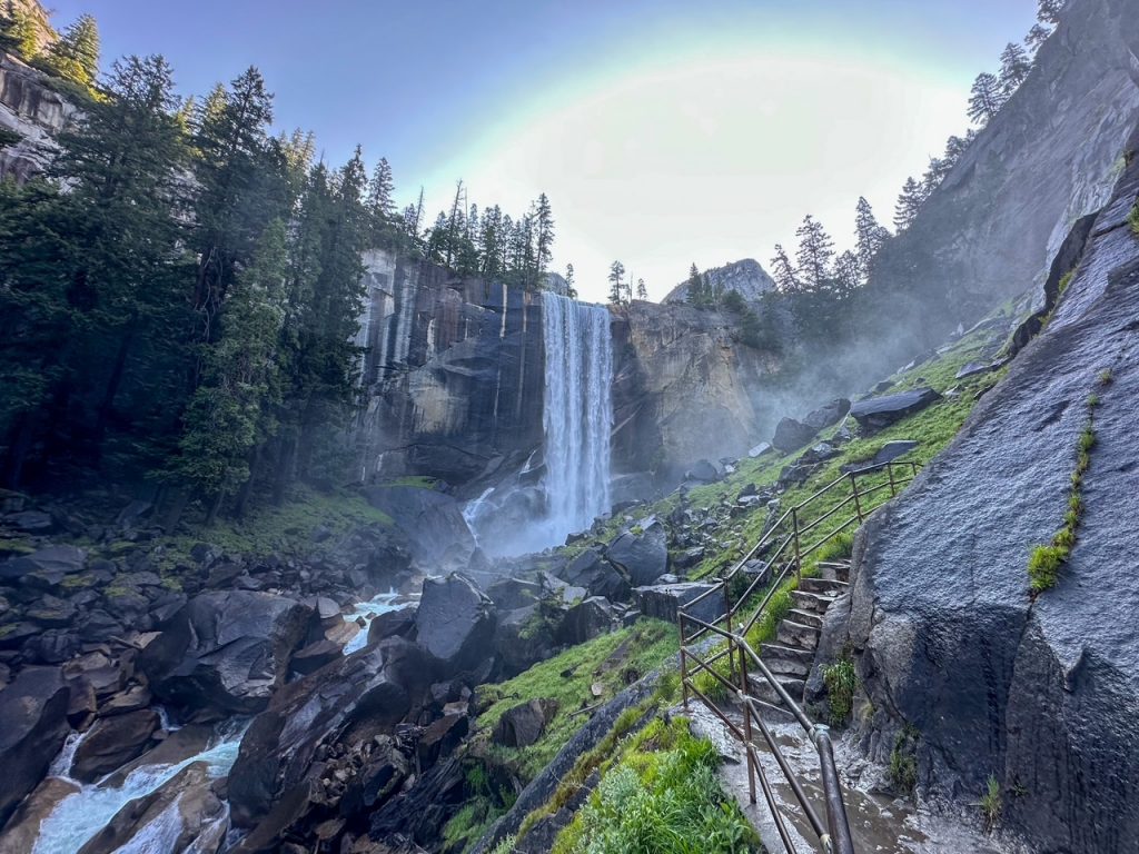 Vernal Fall in Yosemite with the steep granite steps along the path in view