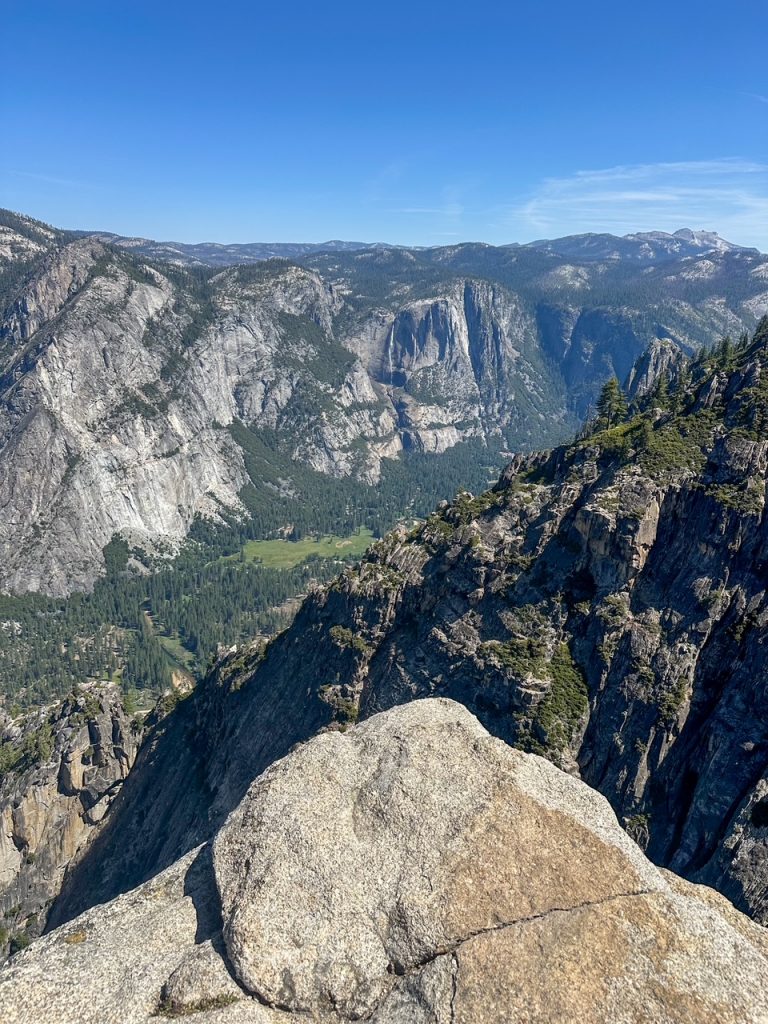 Yosemite Falls as seen from Taft Point on a sunny day in Yosemite National Park