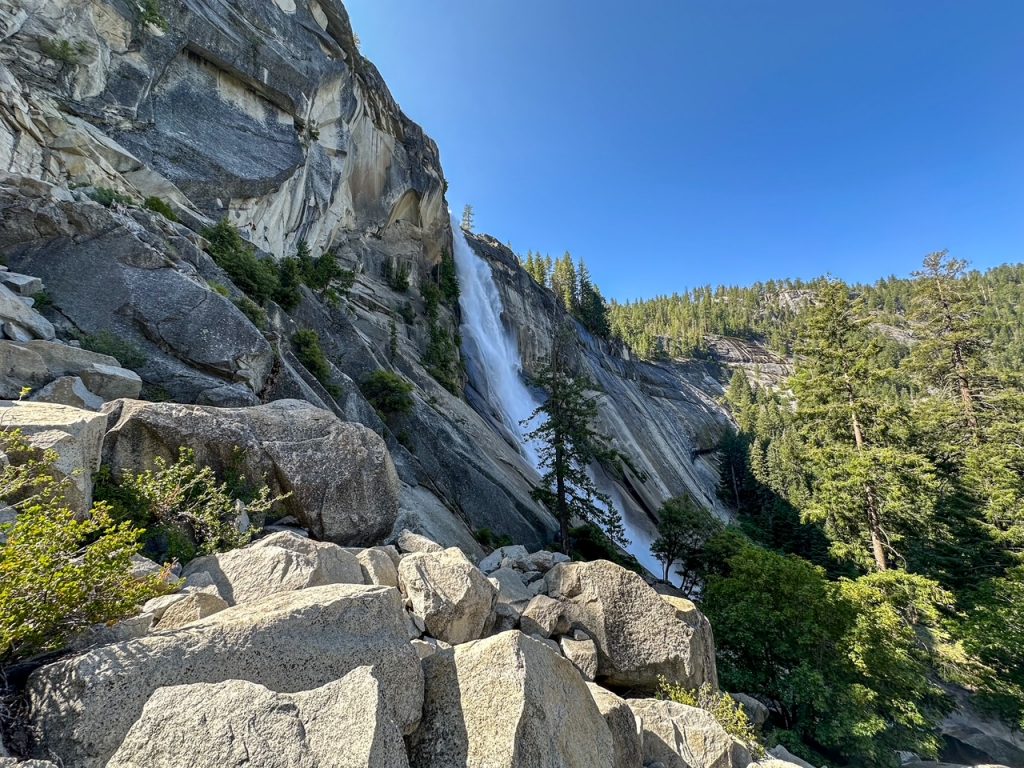 a beautiful view from the side of Nevada Fall along the Mist Trail, the first hike on our Yosemite itinerary