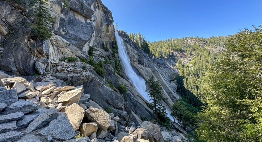 a rocky view from the side of the stunning Nevada Fall along the Mist Trail in Yosemite