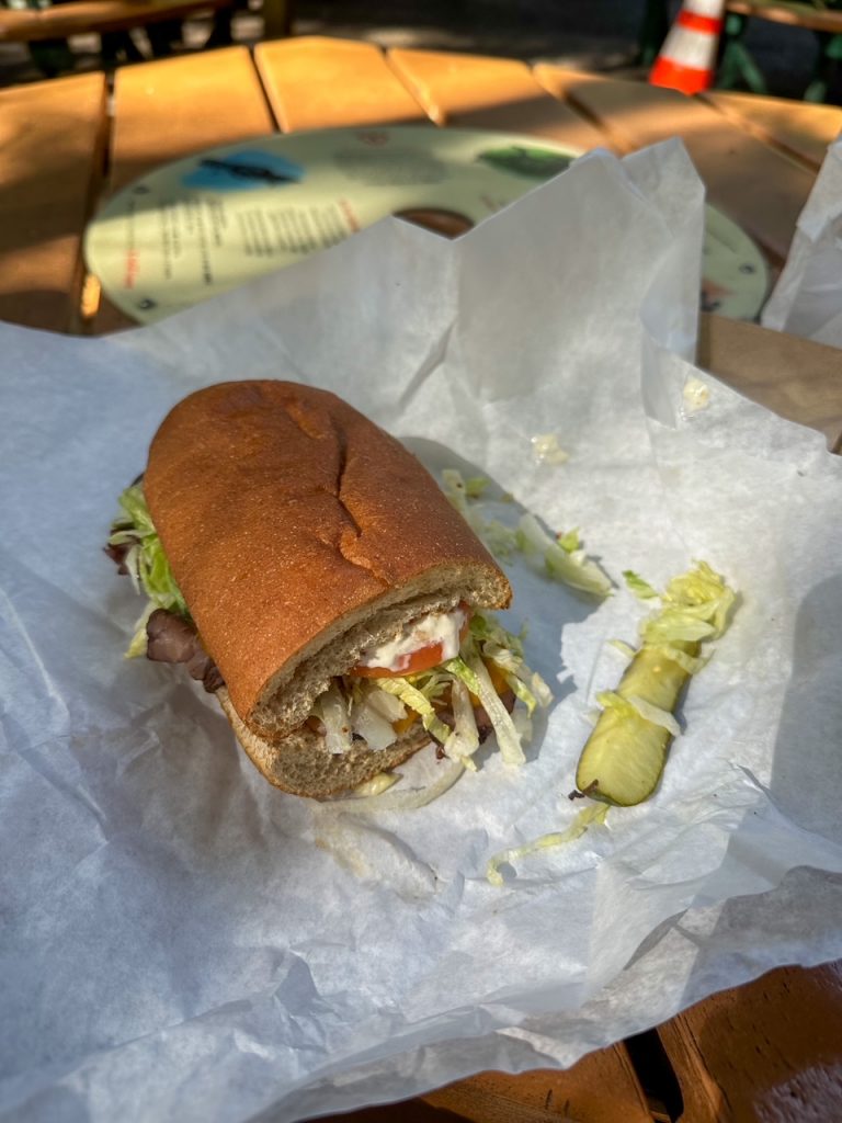 a sandwich and pickle from Degnan's Deli in Yosemite Village at Yosemite National Park