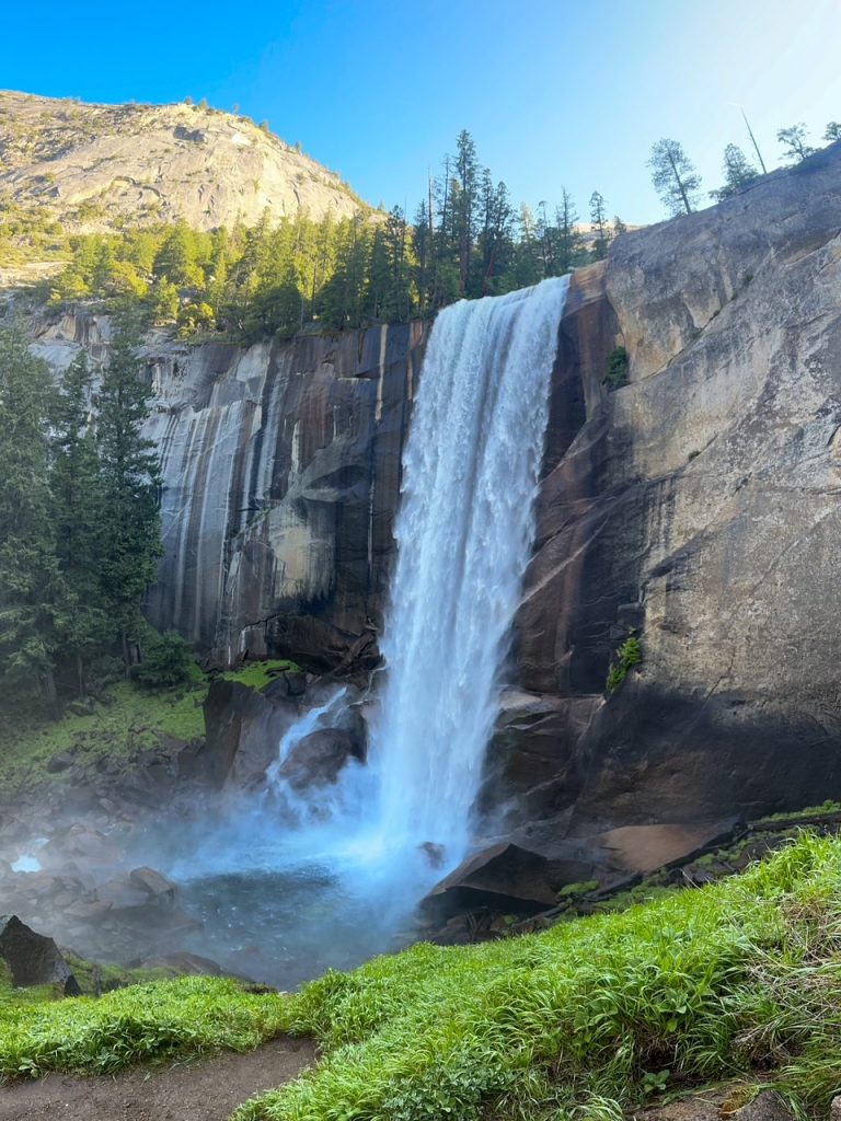 a stunning angle of Vernal Fall after climbing up the series of steep granite steps along the Mist Trail, an epic hike in Yosemite