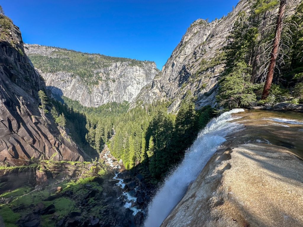 the top of Vernal Fall with beautiful Yosemite Valley views on the Mist Trail