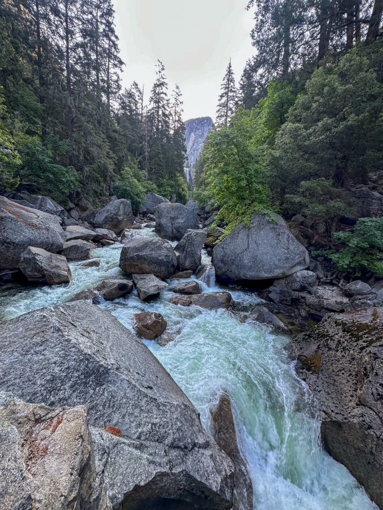 the view from the Vernal Fall Footbridge along the Mist Trail in Yosemite