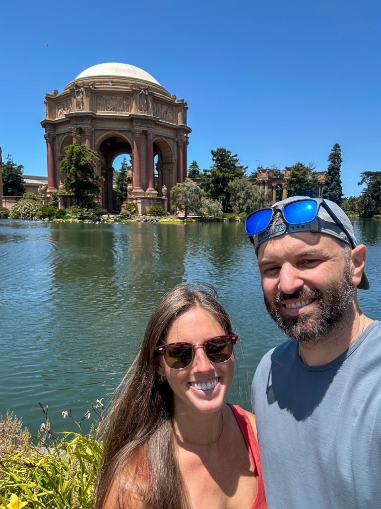 Sara and Tim taking a selfie at the Palace of Fine Arts, one of our favorite stops from our 3 days in San Francisco