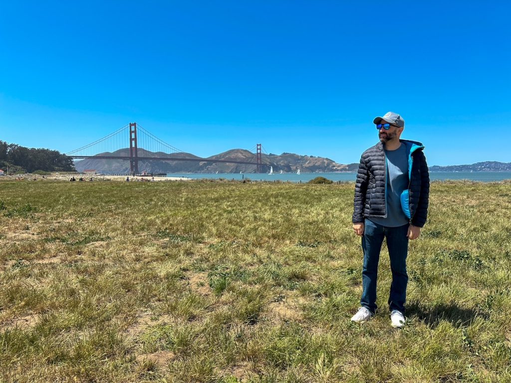 Tim in front of the Golden Gate Bridge at Crissy Field in San Francisco