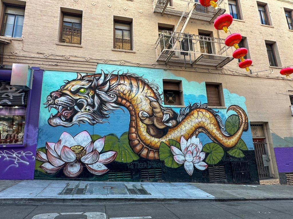a colorful dragon mural in Chinatown in San Francisco