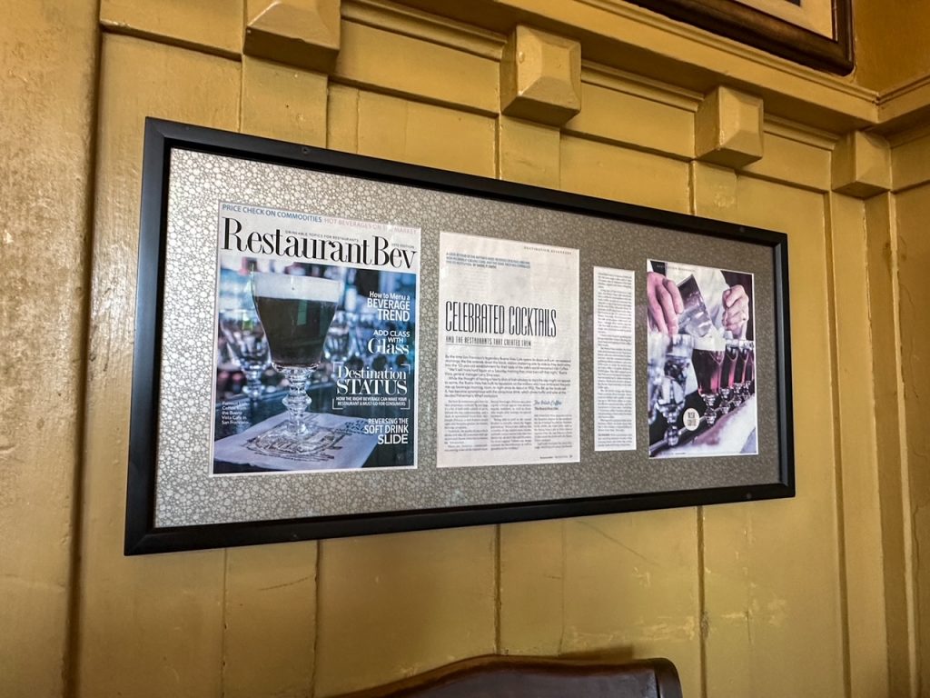 a newspaper article framed at The Buena Vista in San Francisco
