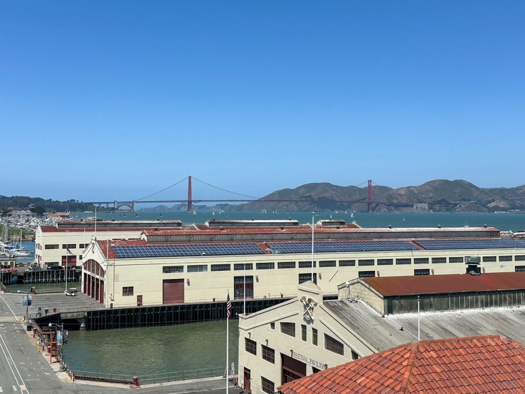 a view of the Golden Gate Bridge from Fort Mason Park in San Francisco
