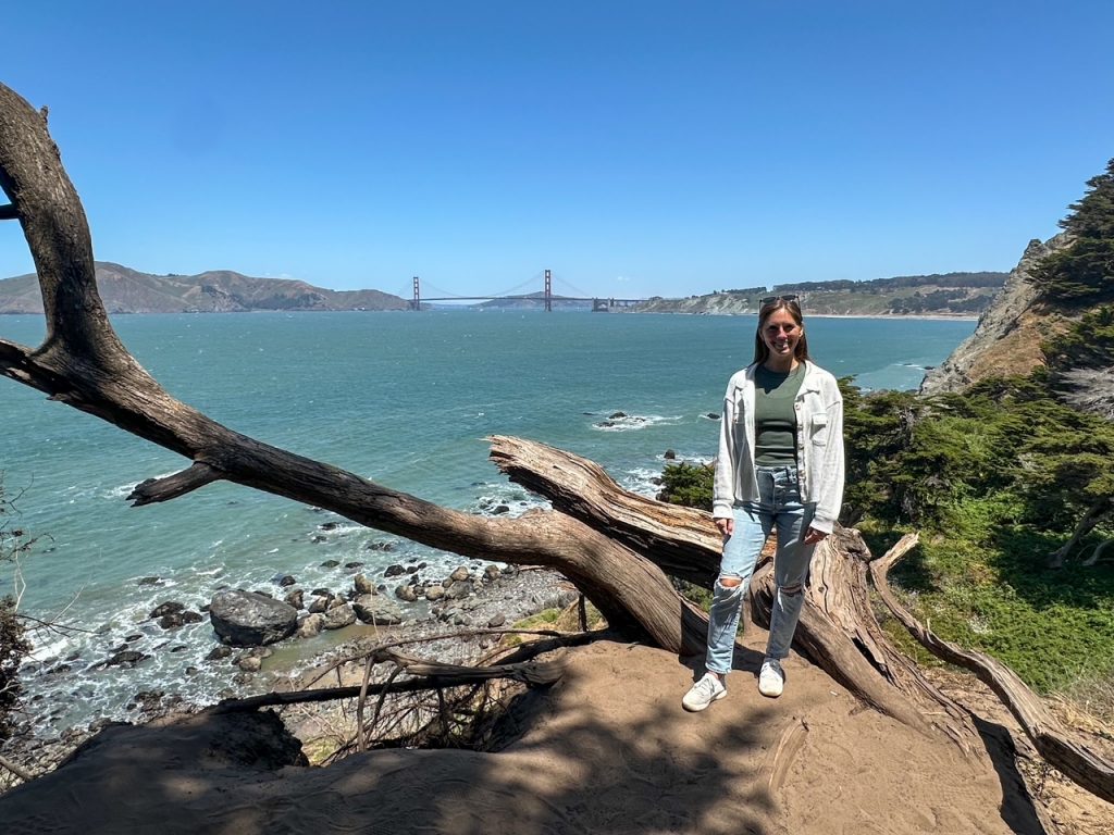 Sara on one of the detours on the Lands End Trail with a gorgeous view of the Golden Gate Bridge in the background