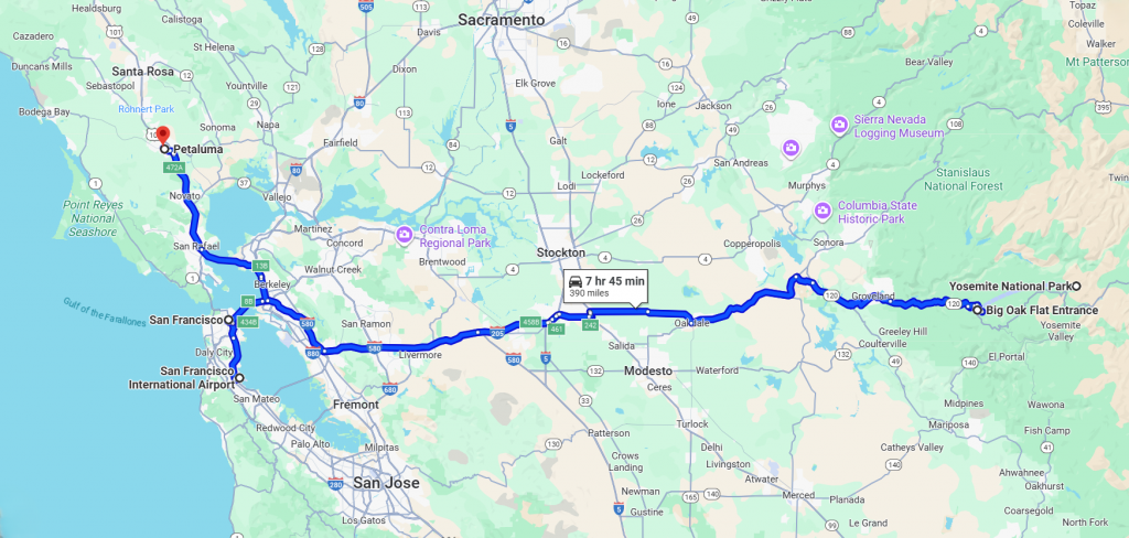 Map of a 9-day California road trip showing route from San Francisco to Yosemite National Park to Petaluma and back to San Francisco