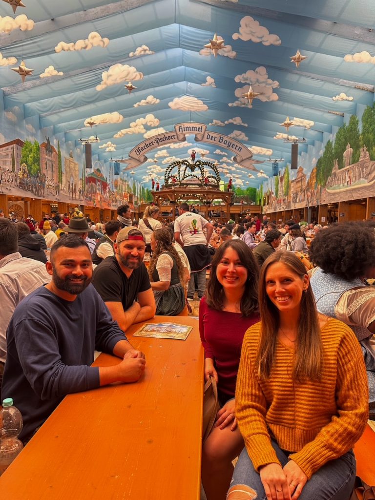 Group of friends at Hacker-Pschorr Festzelt in Munich for Oktoberfest