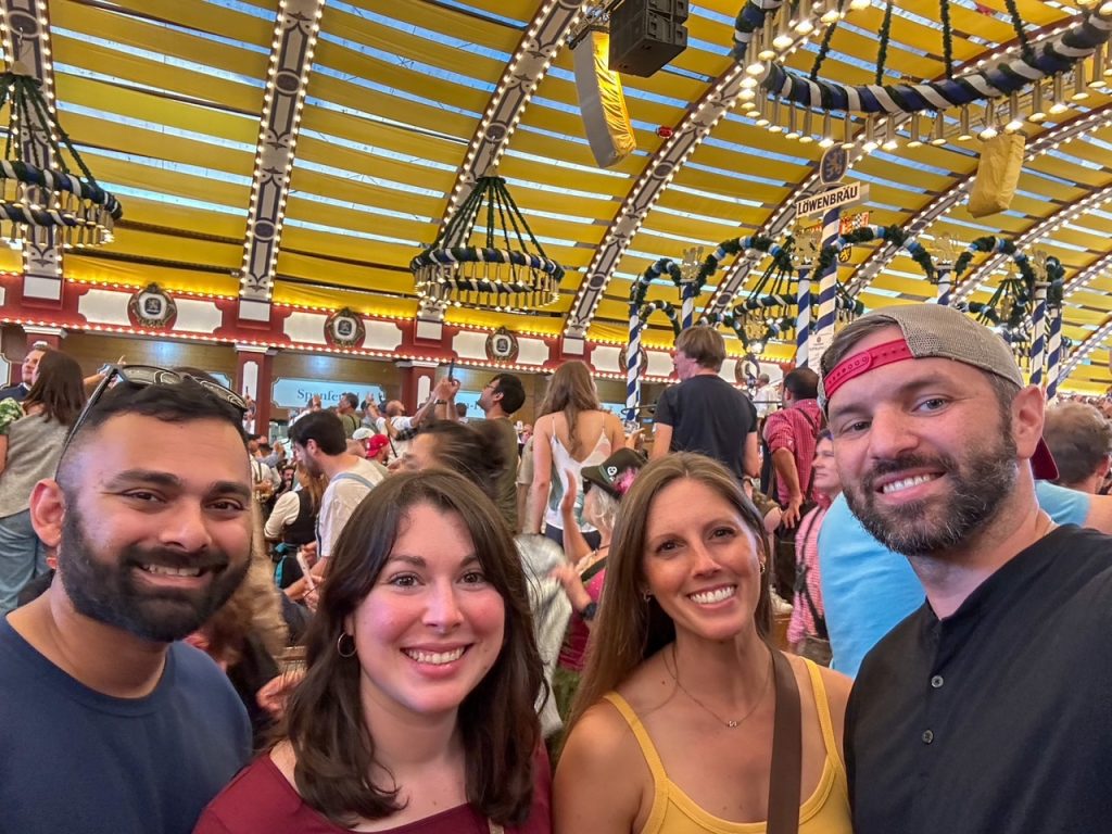 Group of friends at at Lowenbrau-Festzelt at Oktoberfest in Munich