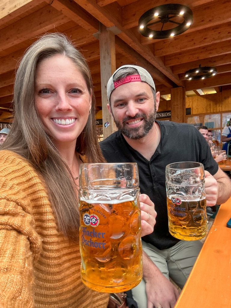 Sara and Tim with their first beers at Oktoberfest in Munich