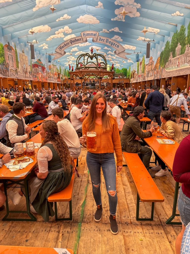 Sara with her beer at Hacker-Pschorr Festzelt in Munich