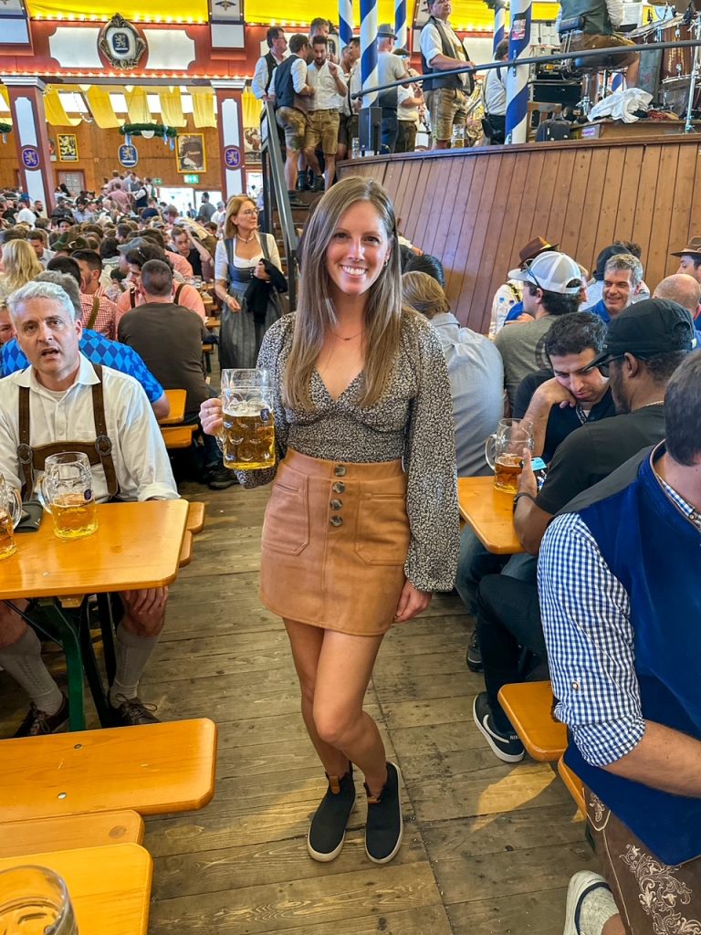 Sara with her beer stein at Oktoberfest in Munich