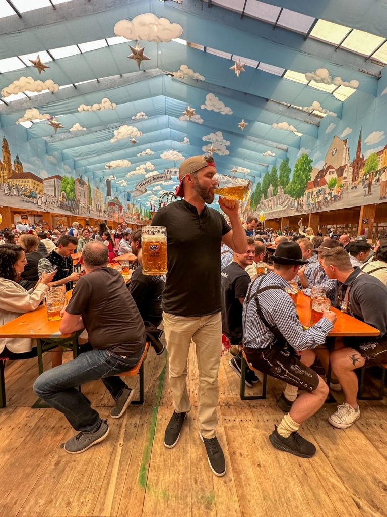 Tim with his beer steins at Hacker-Pschorr Festzelt in Munich