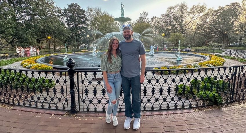 Tourists in front of the fountain at Forsyth Park in Savannah