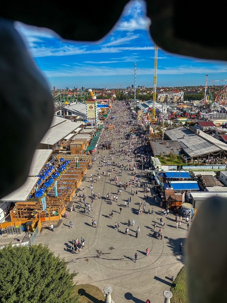 View from inside Lady Bavaria's head at Oktoberfest in Munich