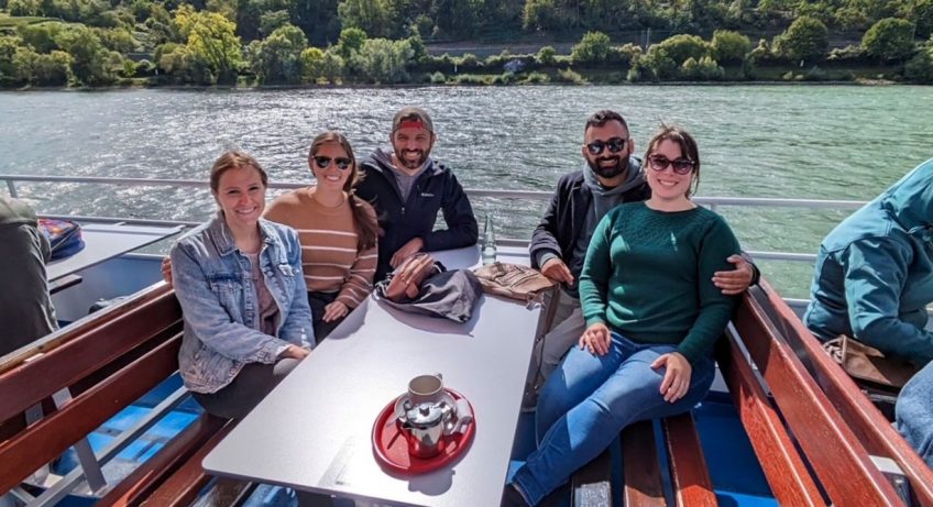 Tourists on a Rhine River Cruise on a Rhine Valley day trip from Frankfurt