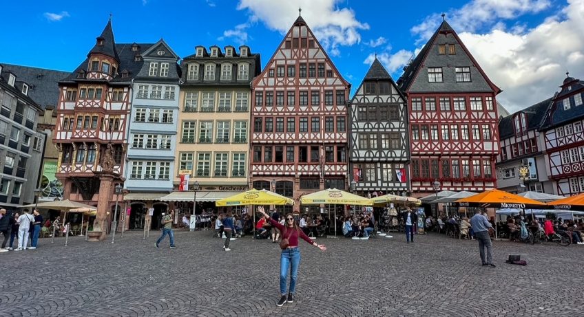 Sara at Romerberg during a 4 day Frankfurt itinerary with Rhine Valley, Cologne and Eltz Castle