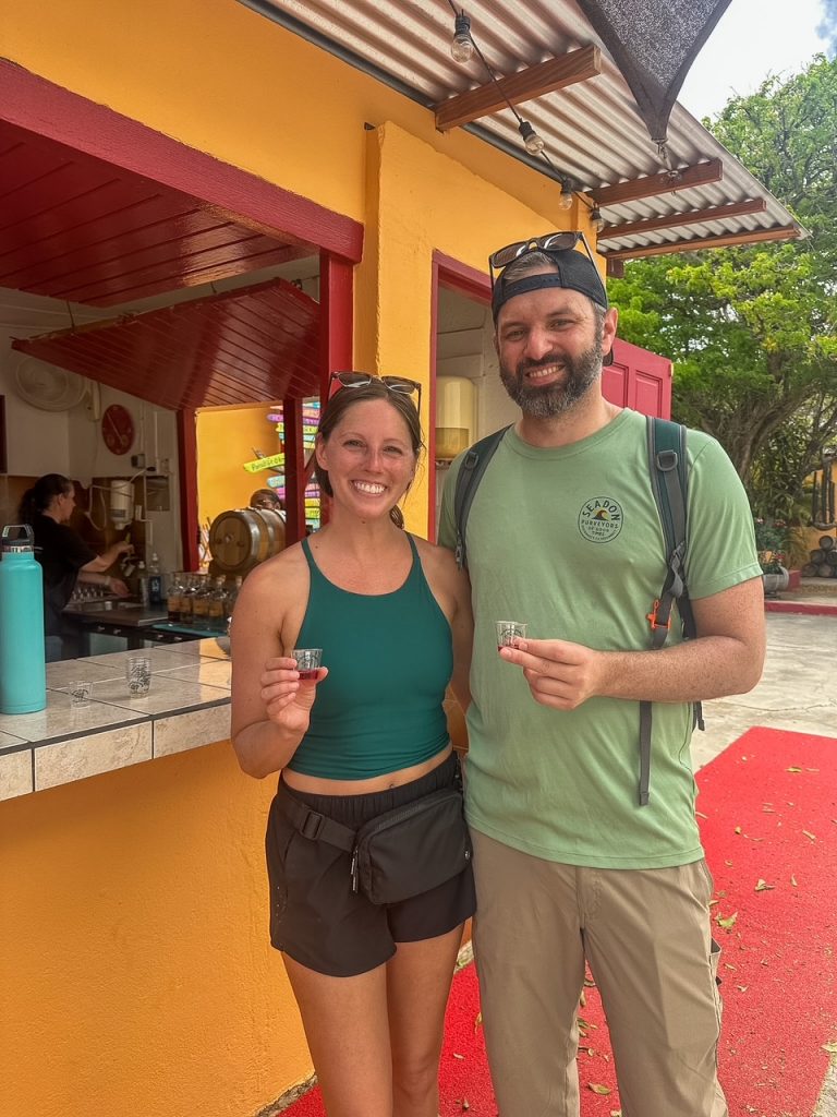 Sara and Tim with cactus liqueur Cadushy Distillery in Bonaire