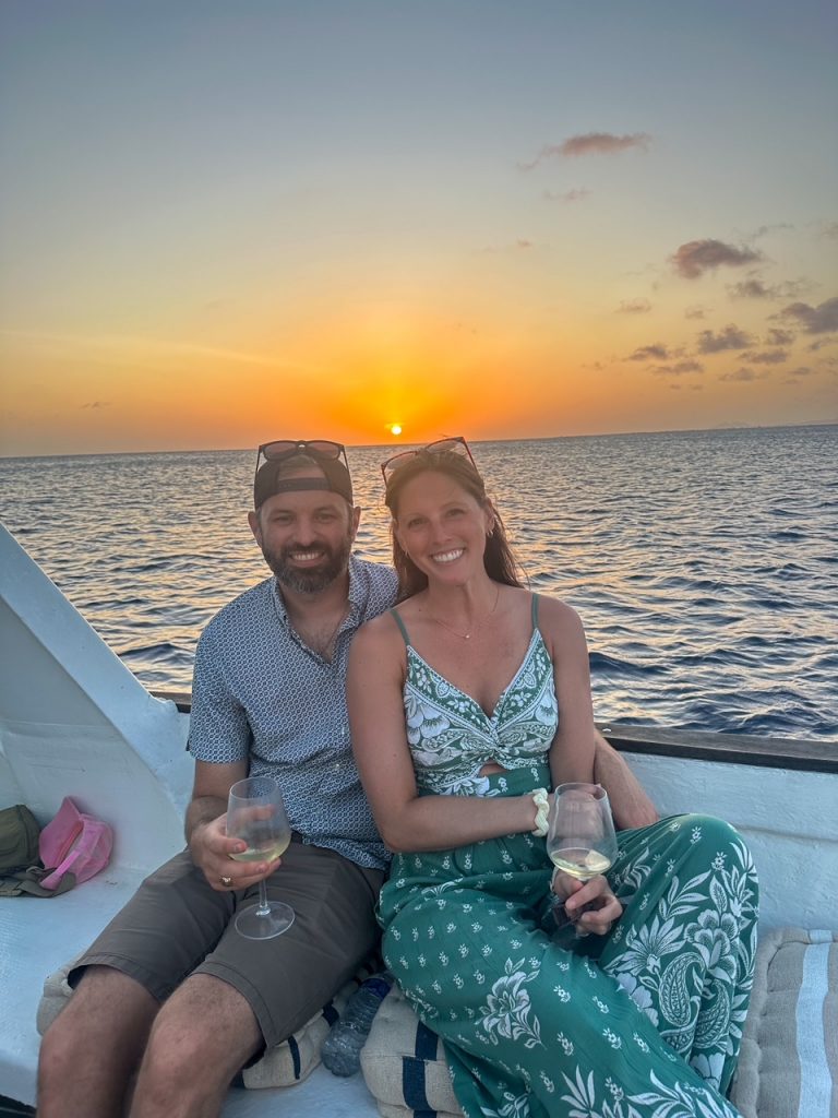Tim and Sara on a sunset sushi cruise in Bonaire