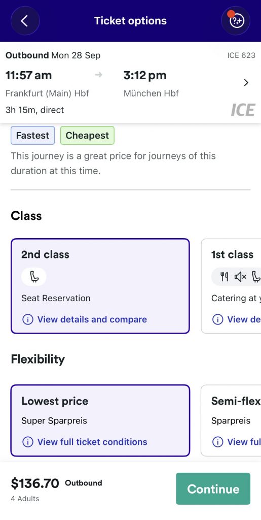 Trainline booking example Frankfurt to Munich