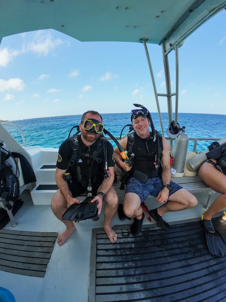 the boys ready to scuba dive in Bonaire