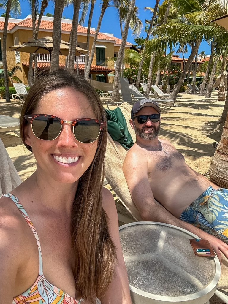 Sara and Tim enjoying the beach at Harbour Village Beach Club in Bonaire